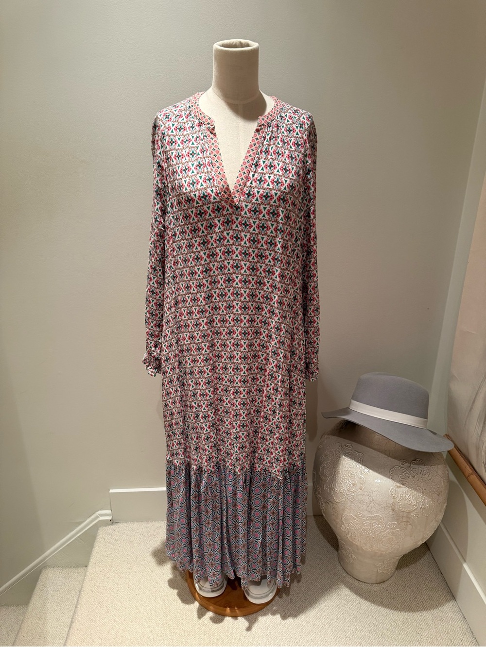 Boden Printed V-Neck Maxi Dress in Pink and Blue